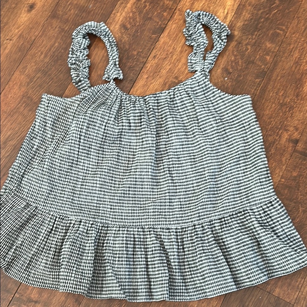 Madewell Black and White Gingham Ruffle Strap Top